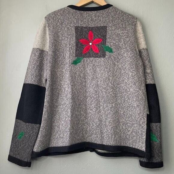 Breckenridge Christmas Cardigan Petite Large Embroidered Poinsettia Sweater Knit - Picture 5 of 9